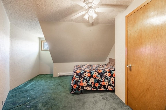517 W Daly, Walkerville, MT 59701 - bedroom with carpet flooring, baseboard heating, a ceiling fan, a textured ceiling, and vaulted ceiling