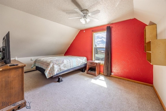 517 W Daly, Walkerville, MT 59701 - carpeted bedroom with vaulted ceiling, a textured wall, a textured ceiling, baseboards, and baseboard heating