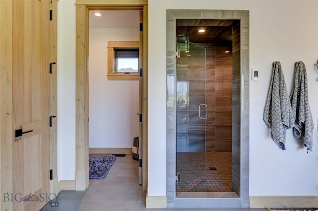 419 Upper Autumn Ridge Rd, Bozeman, MT 59715 - bathroom featuring a stall shower, recessed lighting, baseboards, tile patterned floors, and a sauna