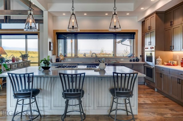 419 Upper Autumn Ridge Rd, Bozeman, MT 59715 - kitchen with a center island, recessed lighting, double oven, a sink, and wood finished floors