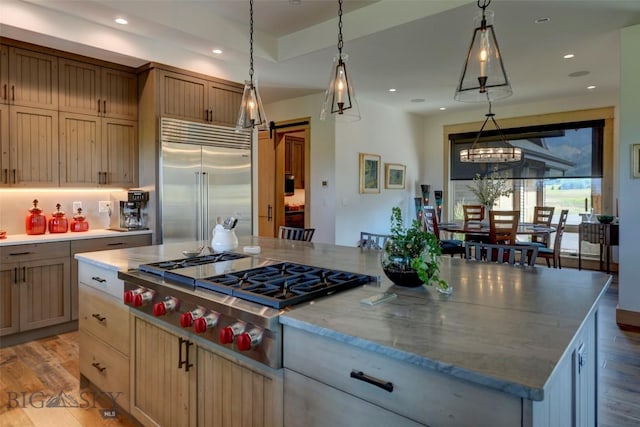 419 Upper Autumn Ridge Rd, Bozeman, MT 59715 - kitchen featuring appliances with stainless steel finishes, a barn door, recessed lighting, light wood-style flooring, and a kitchen island