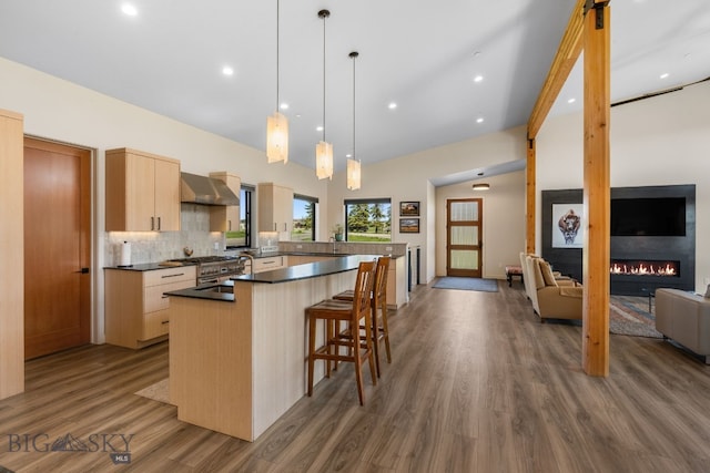 20 Prairie Falcon Ln, Belgrade, MT 59714 - kitchen with light brown cabinets, dark countertops, open floor plan, dark wood-style floors, and recessed lighting