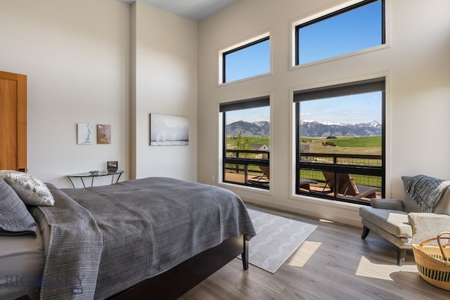 20 Prairie Falcon Ln, Belgrade, MT 59714 - bedroom featuring wood finished floors, a towering ceiling, and a mountain view