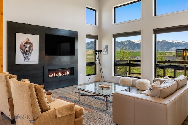 20 Prairie Falcon Ln, Belgrade, MT 59714 - living room with wood finished floors, a glass covered fireplace, and a high ceiling