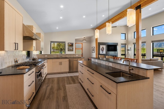 20 Prairie Falcon Ln, Belgrade, MT 59714 - kitchen with light brown cabinets, wall chimney range hood, stainless steel appliances, a sink, and open floor plan
