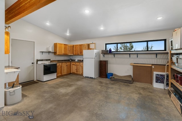 20 Prairie Falcon Ln, Belgrade, MT 59714 - kitchen featuring white appliances, concrete floors, dark countertops, and recessed lighting