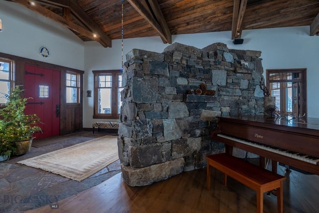 detailed view of wood ceiling, beamed ceiling, and wood finished floors