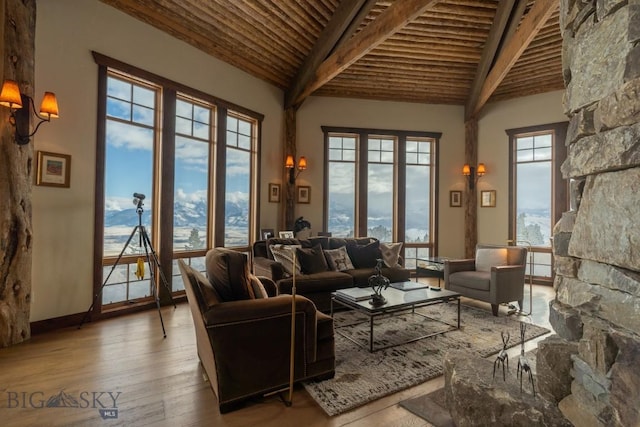living area featuring hardwood / wood-style floors, wood ceiling, and baseboards