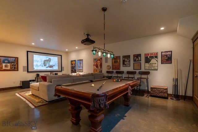 rec room with finished concrete floors, baseboards, recessed lighting, and billiards table