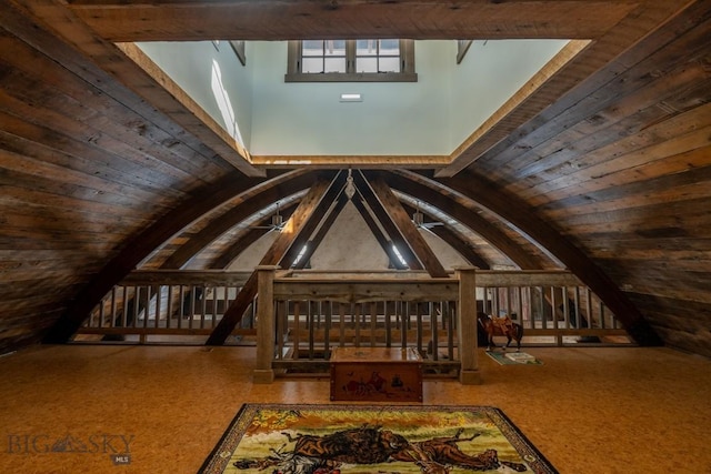 bonus room featuring a ceiling fan, lofted ceiling, and wooden ceiling