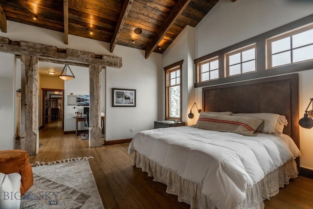 bedroom with wooden ceiling, hardwood / wood-style flooring, high vaulted ceiling, beamed ceiling, and baseboards