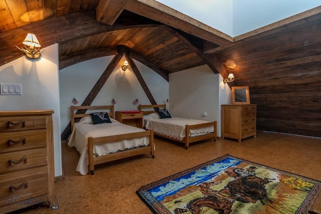bedroom featuring wooden ceiling and lofted ceiling