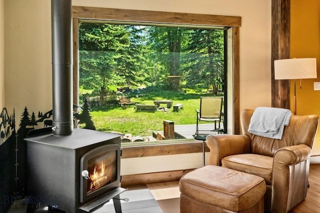 doorway featuring a wood stove and wood finished floors
