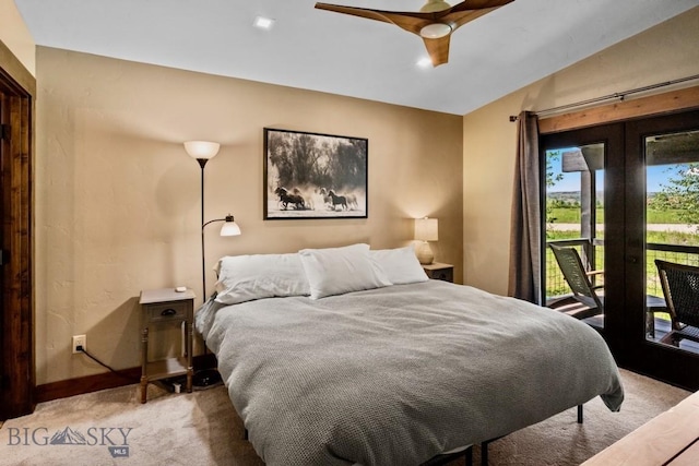bedroom featuring carpet floors, access to exterior, a ceiling fan, and baseboards