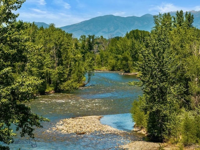 water view featuring a mountainous background and a forest
