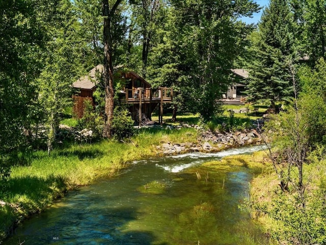 view of yard featuring a forest view