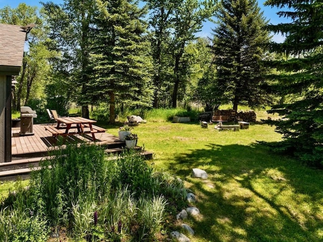 view of grassy yard with a wooden deck