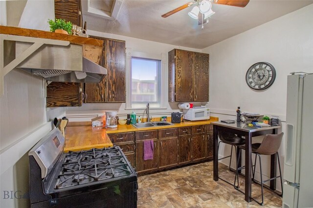 1048 S Wyoming St, Butte, MT 59701 - kitchen with white appliances, a sink, ventilation hood, a ceiling fan, and stone finish floors