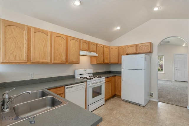 550 Green Tree, Belgrade, MT 59714 - kitchen featuring white appliances, a sink, arched walkways, under cabinet range hood, and vaulted ceiling