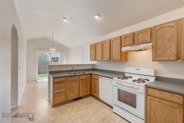 550 Green Tree, Belgrade, MT 59714 - kitchen featuring white appliances, under cabinet range hood, lofted ceiling, a sink, and a peninsula