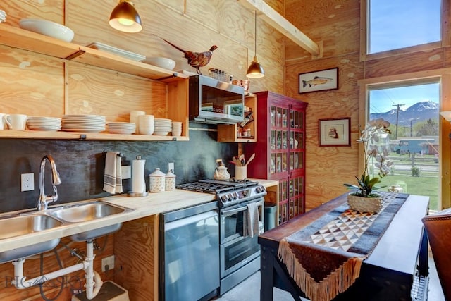 1007 E Geyser, Livingston, MT 59047 - kitchen with range with two ovens, open shelves, a sink, dishwasher, and backsplash