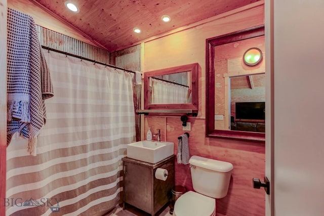 1007 E Geyser, Livingston, MT 59047 - full bathroom featuring vaulted ceiling, wooden ceiling, toilet, recessed lighting, and vanity
