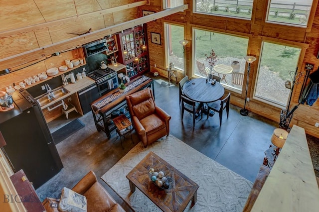 1007 E Geyser, Livingston, MT 59047 - living room featuring plenty of natural light, a high ceiling, and wooden walls