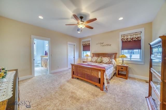 72 River Woods Rd, Belgrade, MT 59714 - bedroom featuring carpet flooring, baseboards, recessed lighting, ensuite bathroom, and a ceiling fan