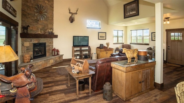 living area with wood finished floors, a stone fireplace, plenty of natural light, baseboards, and vaulted ceiling