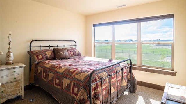 carpeted bedroom featuring multiple windows and baseboards
