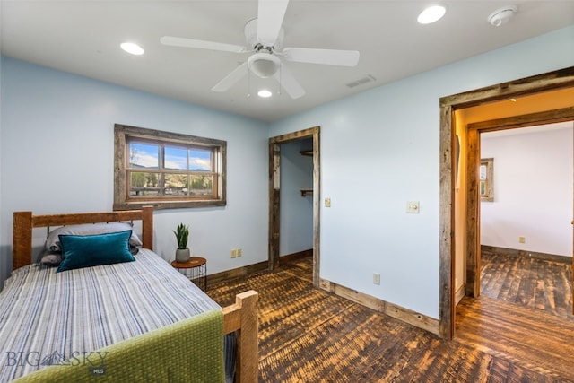 bedroom with baseboards, recessed lighting, and a ceiling fan
