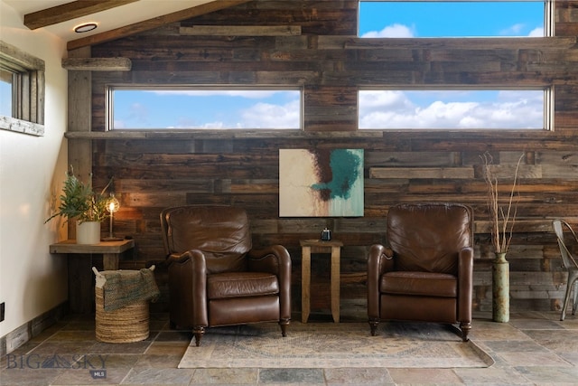 living area featuring stone tile floors, vaulted ceiling, and healthy amount of natural light