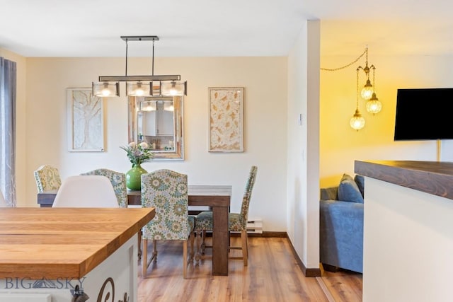 dining space with wood finished floors, baseboards, and a baseboard heating unit