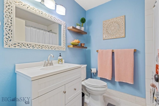 full bathroom featuring vanity, toilet, and a shower with shower curtain