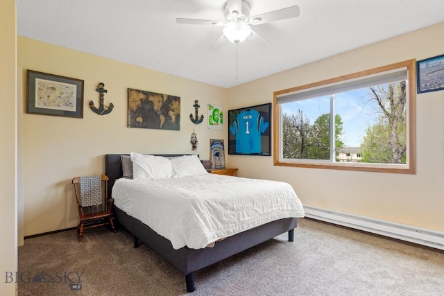 bedroom with carpet, baseboards, a baseboard heating unit, and a ceiling fan