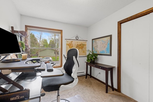 carpeted office space with a baseboard radiator