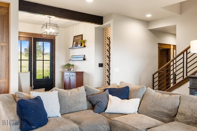 200 Miller Point Pl, Belgrade, MT 59714 - living room with stairway, recessed lighting, beam ceiling, and a chandelier