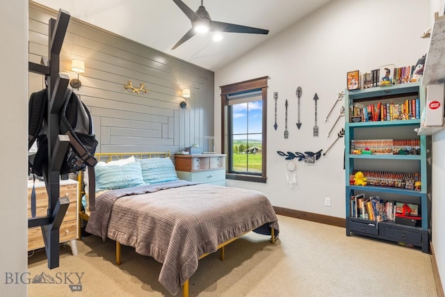 200 Miller Point Pl, Belgrade, MT 59714 - carpeted bedroom featuring vaulted ceiling, baseboards, and ceiling fan