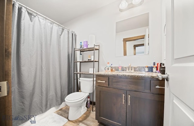 705 Halfpipe St Unit B, Belgrade, MT 59714 - full bathroom with wood finished floors, toilet, vanity, and a shower with shower curtain