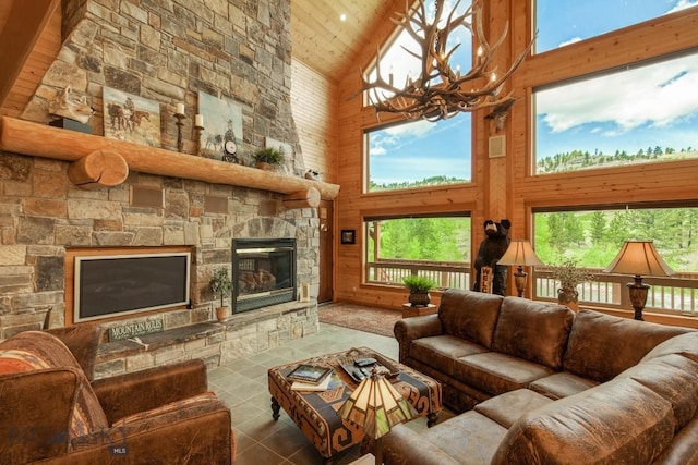 101 W Bridger Creek Rd, Big Timber, MT 59011 - living area with high vaulted ceiling, wooden ceiling, a chandelier, and wood walls