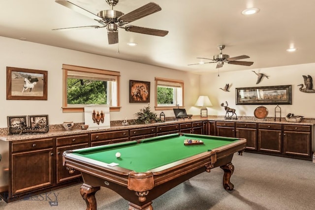 101 W Bridger Creek Rd, Big Timber, MT 59011 - rec room featuring a ceiling fan, billiards, recessed lighting, and light colored carpet