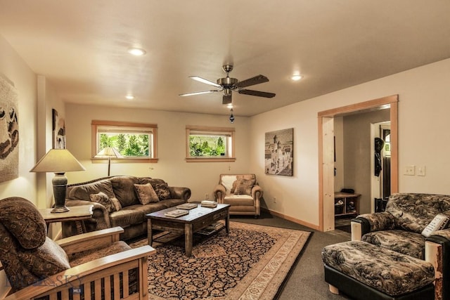 101 W Bridger Creek Rd, Big Timber, MT 59011 - carpeted living room with a ceiling fan, recessed lighting, and baseboards