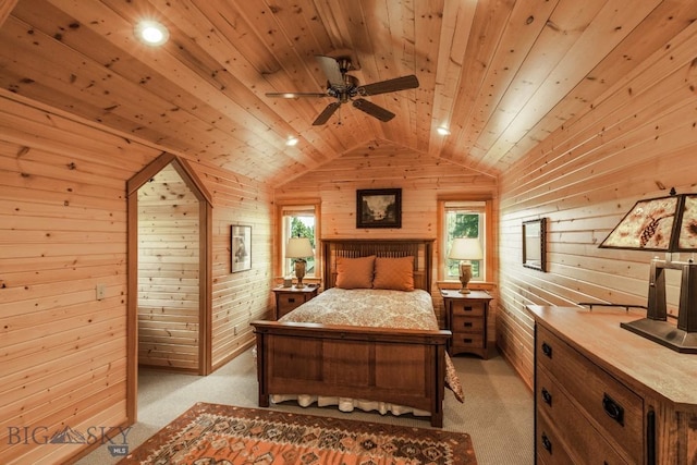 101 W Bridger Creek Rd, Big Timber, MT 59011 - bedroom featuring wood walls, light carpet, wooden ceiling, lofted ceiling, and recessed lighting