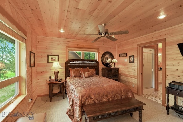 101 W Bridger Creek Rd, Big Timber, MT 59011 - carpeted bedroom featuring wood ceiling, wooden walls, multiple windows, recessed lighting, and ceiling fan