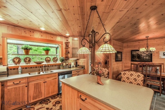 101 W Bridger Creek Rd, Big Timber, MT 59011 - kitchen with stainless steel dishwasher, wood walls, a chandelier, a sink, and wood ceiling