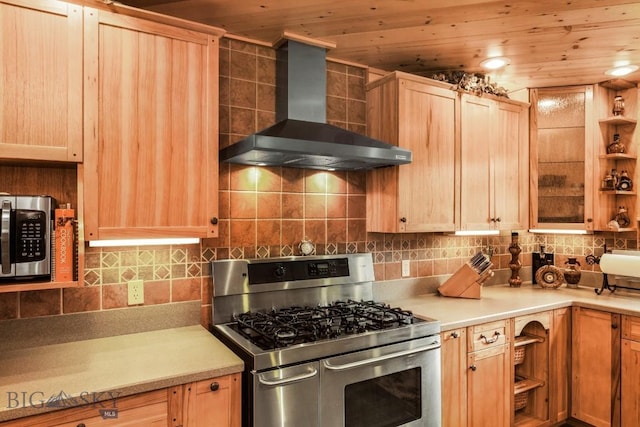 101 W Bridger Creek Rd, Big Timber, MT 59011 - kitchen with wall chimney exhaust hood, appliances with stainless steel finishes, light brown cabinets, backsplash, and wood ceiling