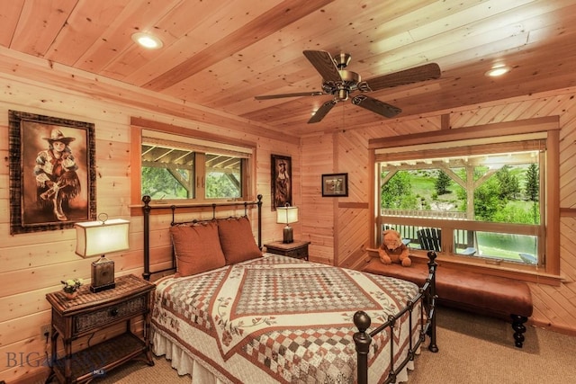 101 W Bridger Creek Rd, Big Timber, MT 59011 - bedroom with light colored carpet, multiple windows, wood walls, wood ceiling, and recessed lighting