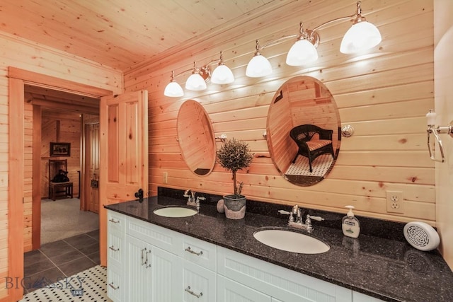 101 W Bridger Creek Rd, Big Timber, MT 59011 - full bathroom with wooden walls, double vanity, tile patterned flooring, and wood ceiling