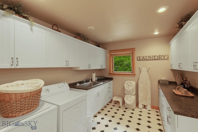 101 W Bridger Creek Rd, Big Timber, MT 59011 - washroom with cabinet space, light flooring, washing machine and dryer, recessed lighting, and baseboards