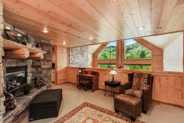 101 W Bridger Creek Rd, Big Timber, MT 59011 - living area featuring wood ceiling, wooden walls, carpet floors, a fireplace, and lofted ceiling